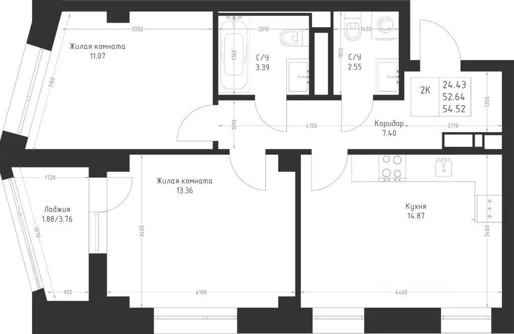2-к кв. Татарстан, Казань Седьмое Небо жилрайон,  (54.52 м) - Фото 2