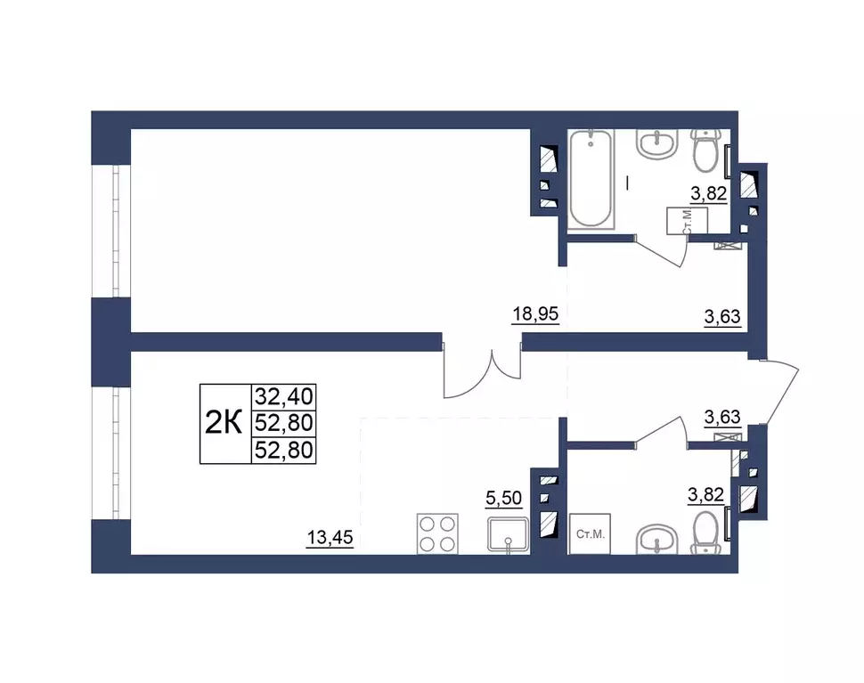 2-к квартира, 52.8 м - Фото 0
