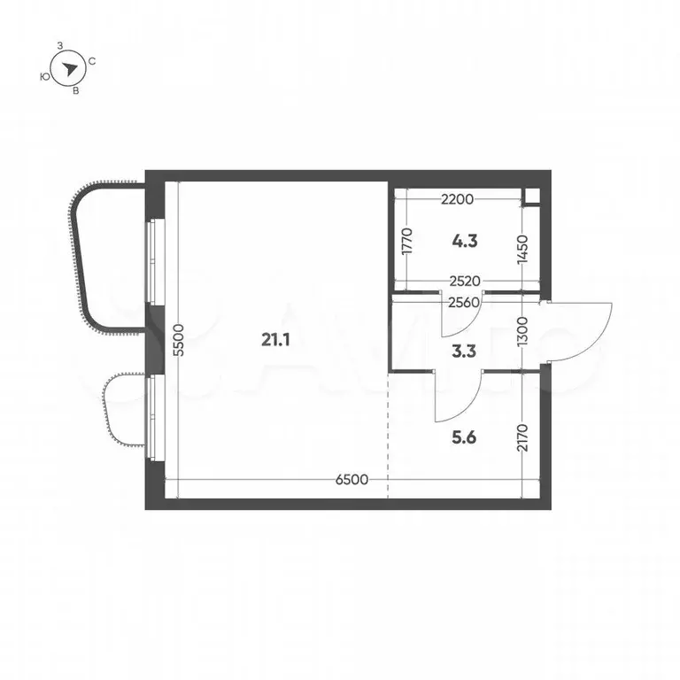 Квартира-студия, 34,3 м, 2/11 эт. - Фото 1