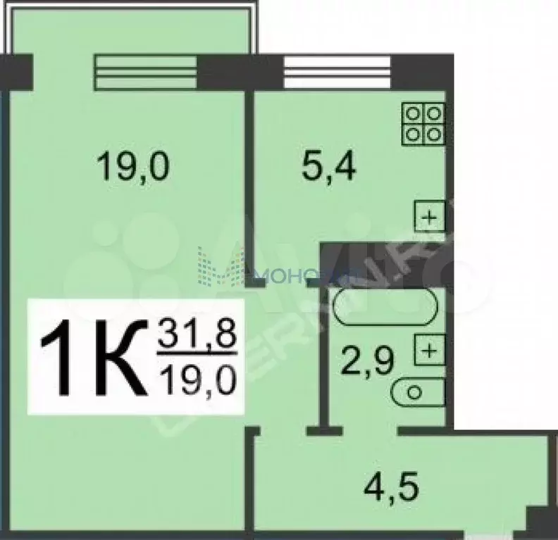 1-к. квартира, 32 м, 4/5 эт. - Фото 0