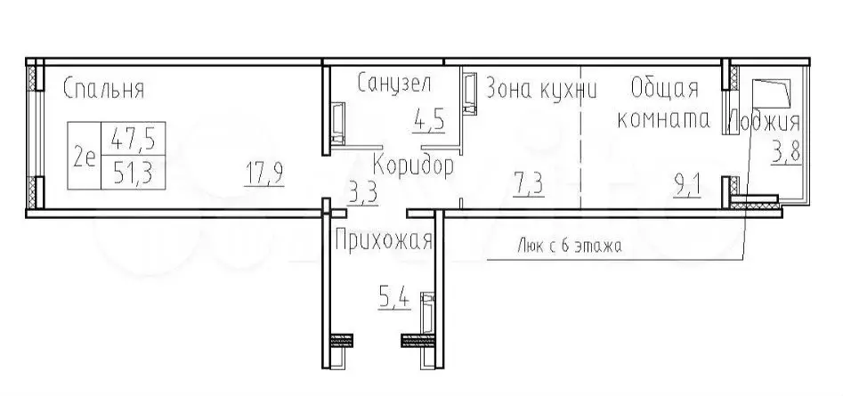 2-к. квартира, 51,3 м, 4/8 эт. - Фото 0