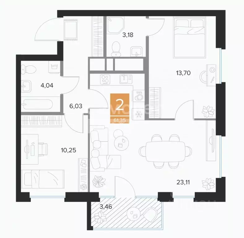 2-к кв. Курская область, Курск просп. Вячеслава Клыкова, 39Б (61.35 м) - Фото 2
