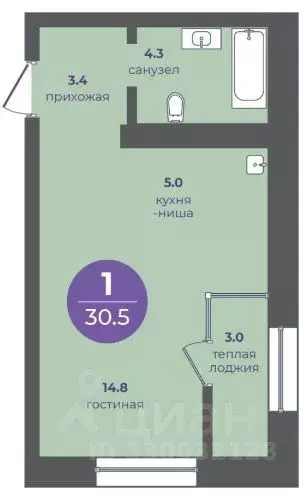 1-к кв. Красноярский край, Красноярск ул. Апрельская, 9А (30.5 м) - Фото 2