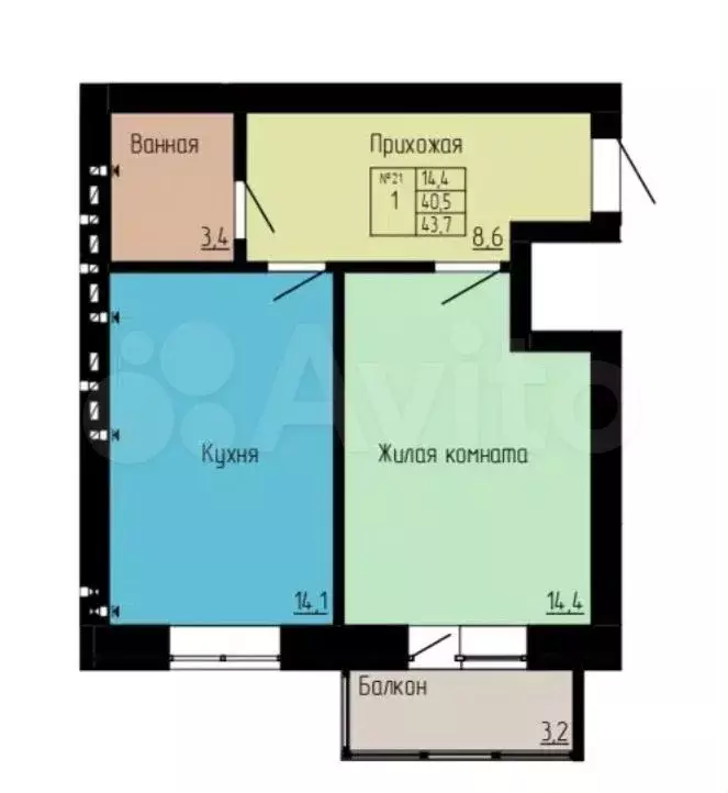 1-к. квартира, 43,7 м, 2/4 эт. - Фото 0