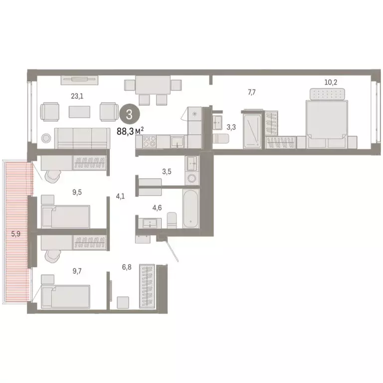 3-комнатная квартира: Тюмень, улица Республики, 205к3 (88.32 м) - Фото 2