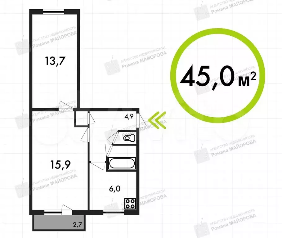 2-к. квартира, 45 м, 4/5 эт. - Фото 0