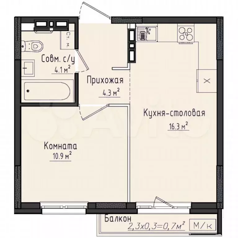 1-к. квартира, 35,6 м, 6/11 эт. - Фото 0