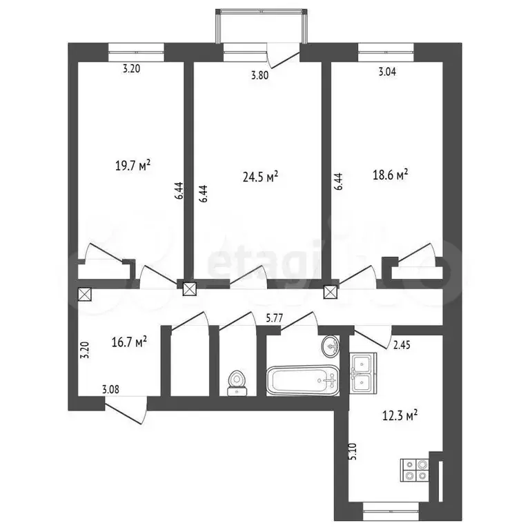 3-к. квартира, 102,7 м, 5/5 эт. - Фото 0