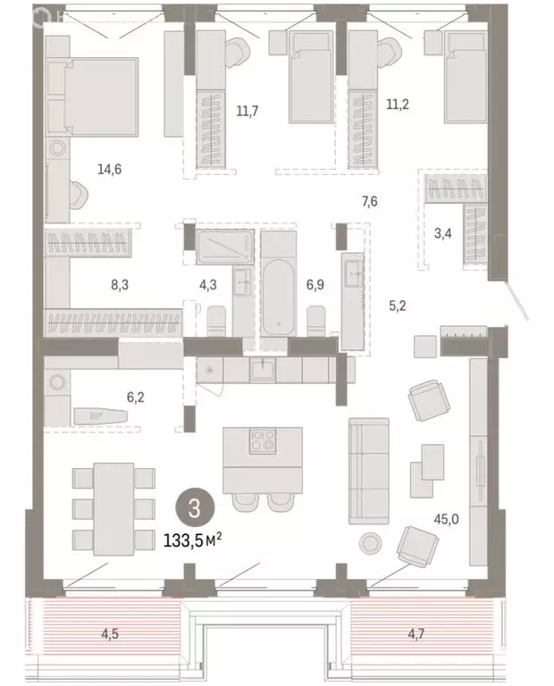 3-комнатная квартира: Тюмень, жилой комплекс На Минской (133.46 м) - Фото 1