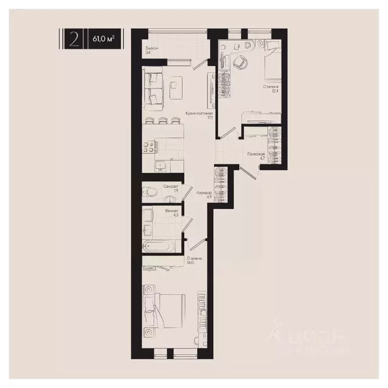 2-к кв. Краснодарский край, Краснодар ул. Им. Мурата Ахеджака, 20 ... - Фото 0