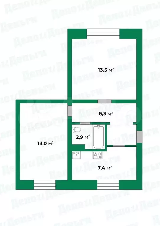 2-к. квартира, 43,1 м, 1/2 эт. - Фото 0