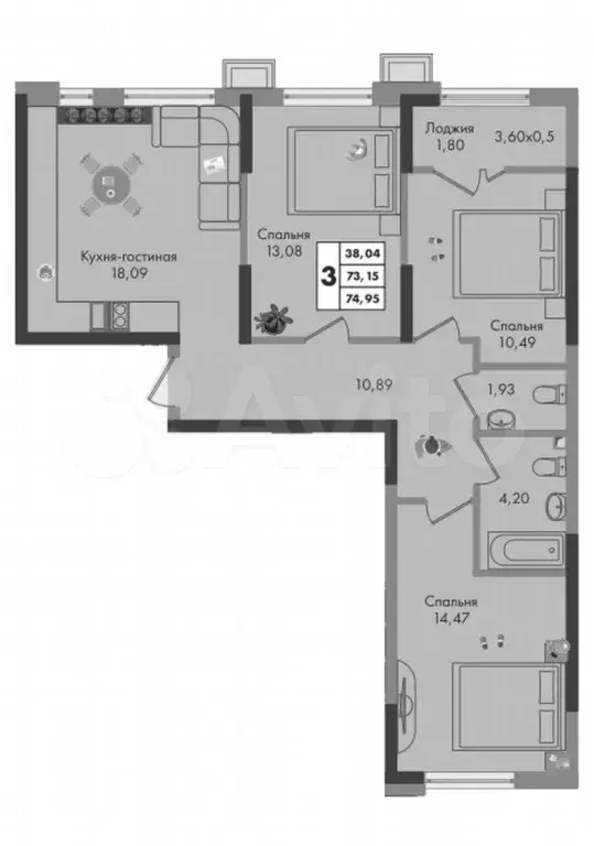 3-к. квартира, 75 м, 9/9 эт. - Фото 1