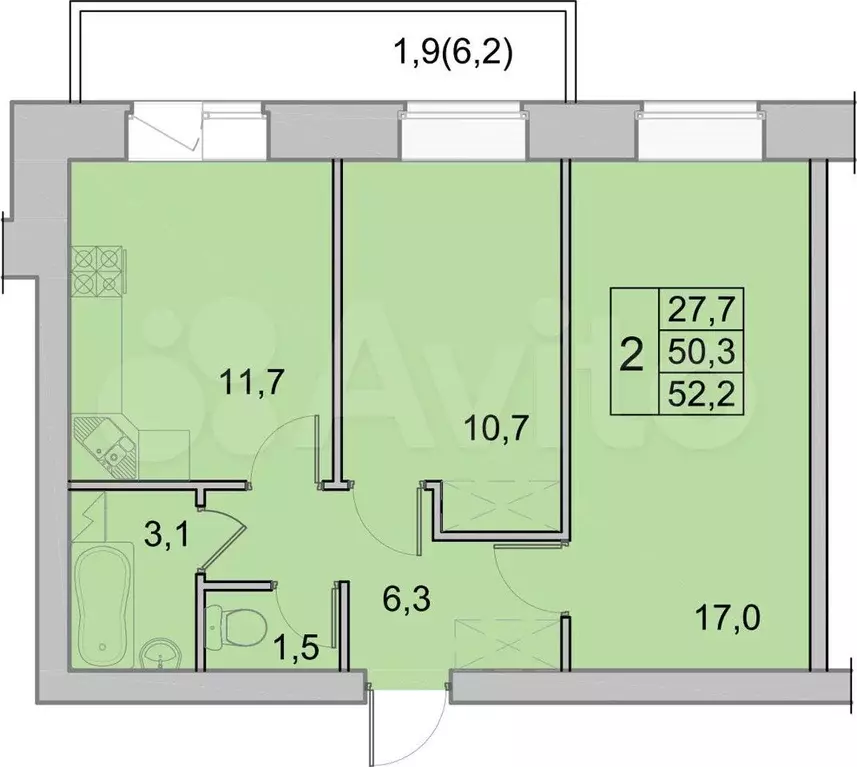 2-к. квартира, 52,2 м, 6/8 эт. - Фото 0