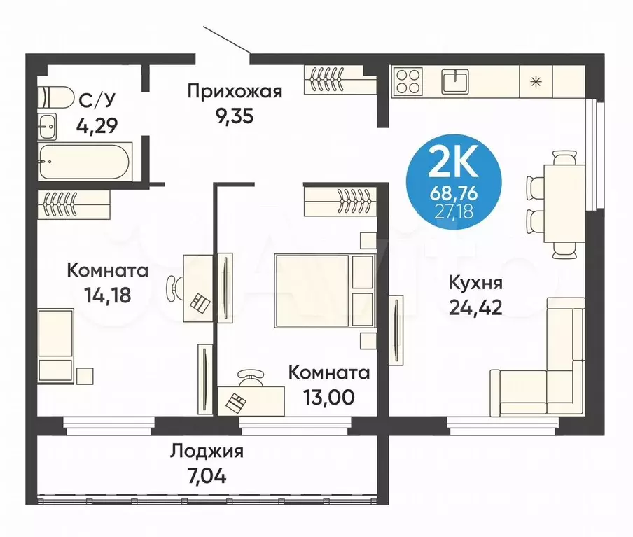 2-к. квартира, 68,8 м, 3/16 эт. - Фото 0