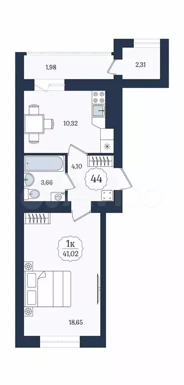 1-к. квартира, 41 м, 2/9 эт. - Фото 1