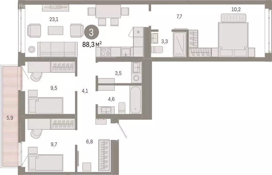 3-комнатная квартира: Тюмень, Ленинский округ (88.32 м) - Фото 1