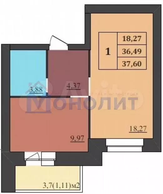 1-к. квартира, 37,6 м, 1/9 эт. - Фото 1