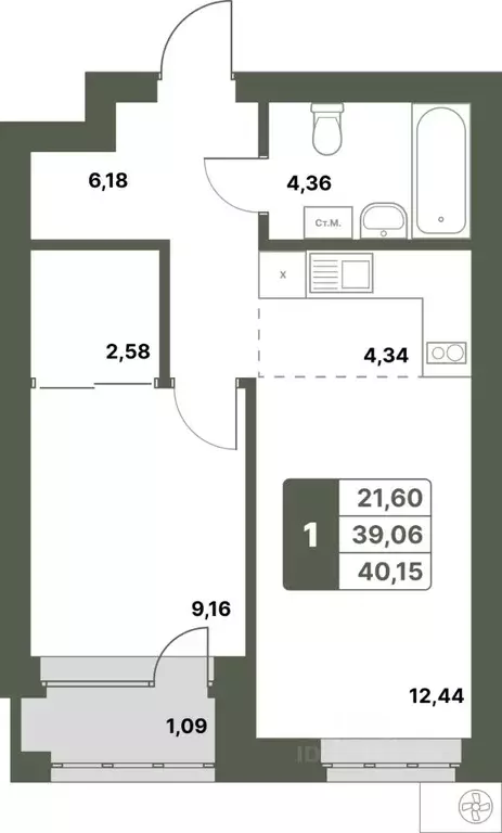 1-к кв. Башкортостан, Уфимский район, с. Миловка  (40.15 м) - Фото 1