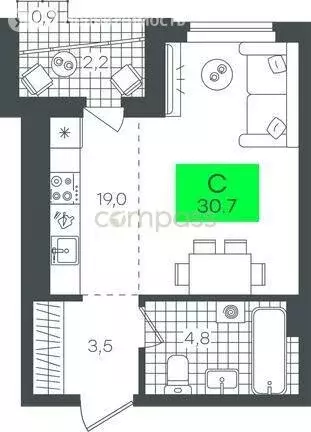 1-комнатная квартира: Тюмень, улица Николая Глебова, 3 (30.73 м) - Фото 1