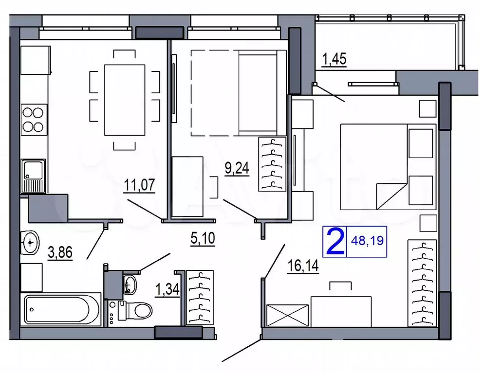 2-к. квартира, 47,5 м, 14/19 эт. - Фото 0