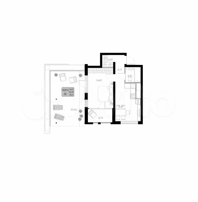 1-к. квартира, 74,5 м, 3/8 эт. - Фото 1