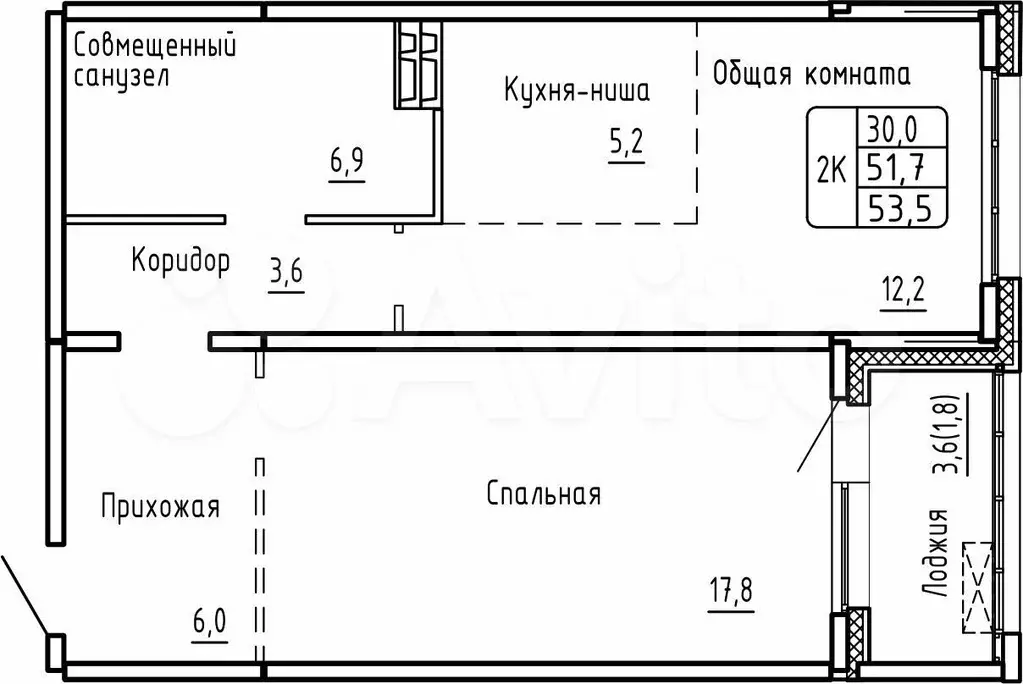 2-к. квартира, 53,5 м, 6/17 эт. - Фото 0