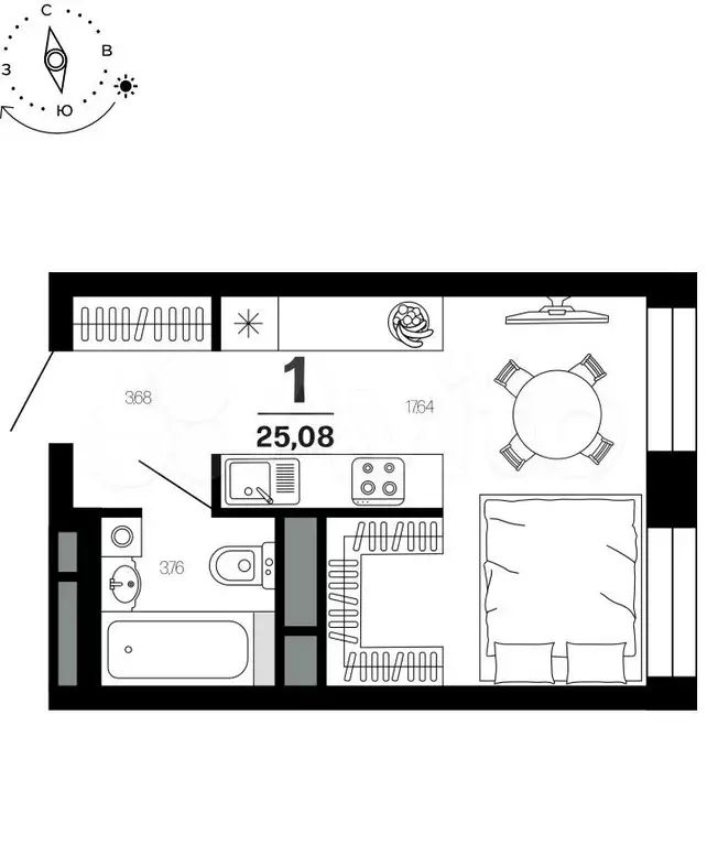 1-к. квартира, 25,1 м, 17/21 эт. - Фото 1