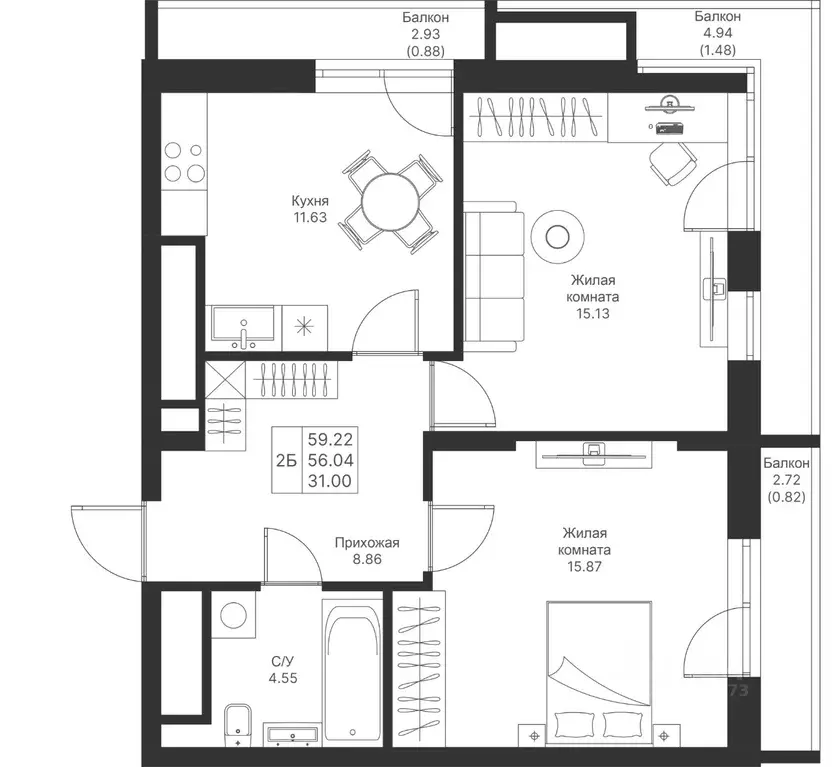 2-к кв. Татарстан, Казань Мой Ритм жилой комплекс, ПК14 (59.22 м) - Фото 1