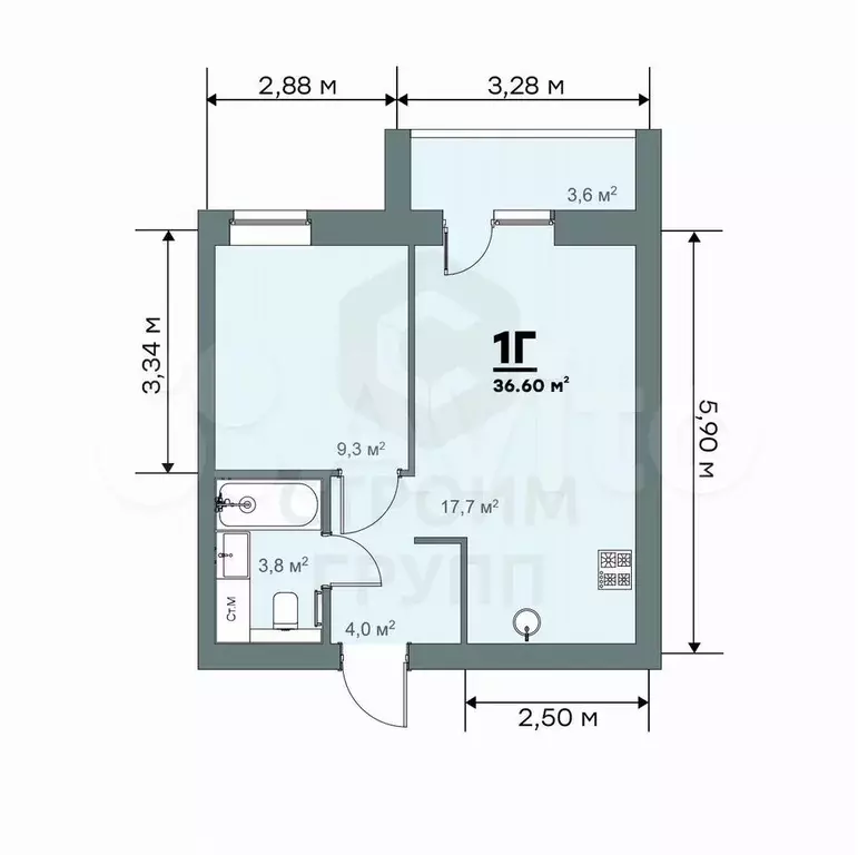 1-к. квартира, 36,6 м, 5/9 эт. - Фото 1