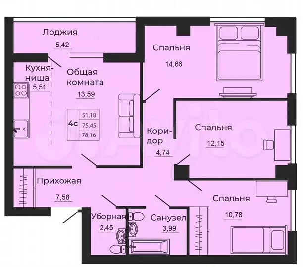 4-к. квартира, 78,2м, 12/24эт. - Фото 1