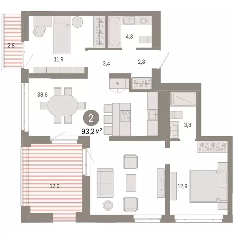 2-комнатная квартира: Тюмень, улица Республики, 205к3 (93.18 м) - Фото 2