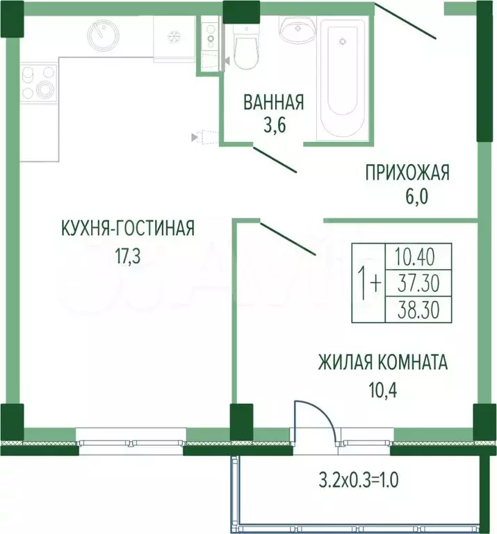 1-к. квартира, 38,3 м, 4/7 эт. - Фото 0