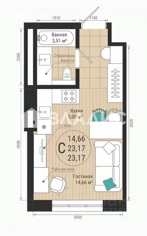 Студия Башкортостан, Уфа ул. Менделеева, 128 (23.1 м) - Фото 2