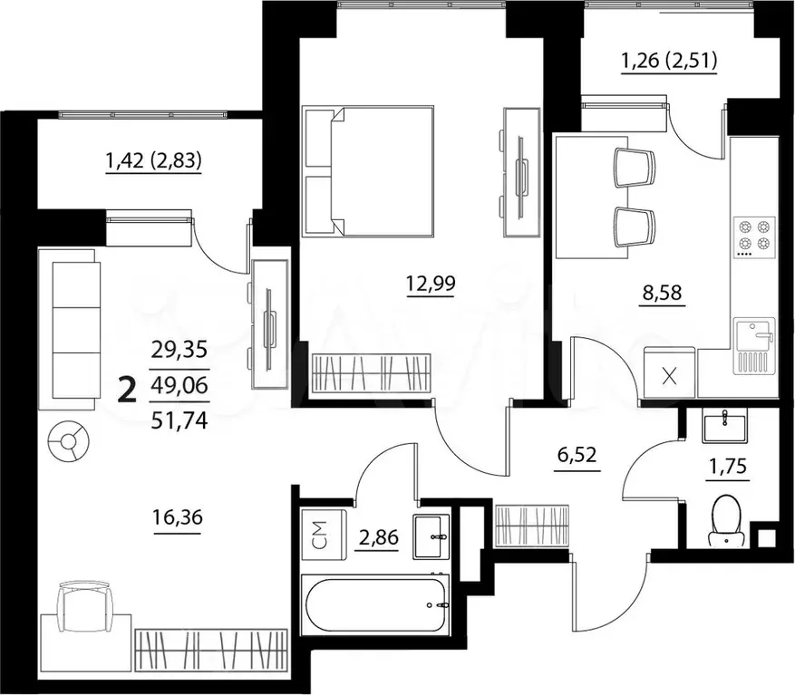 2-к. квартира, 51,7 м, 2/5 эт. - Фото 1