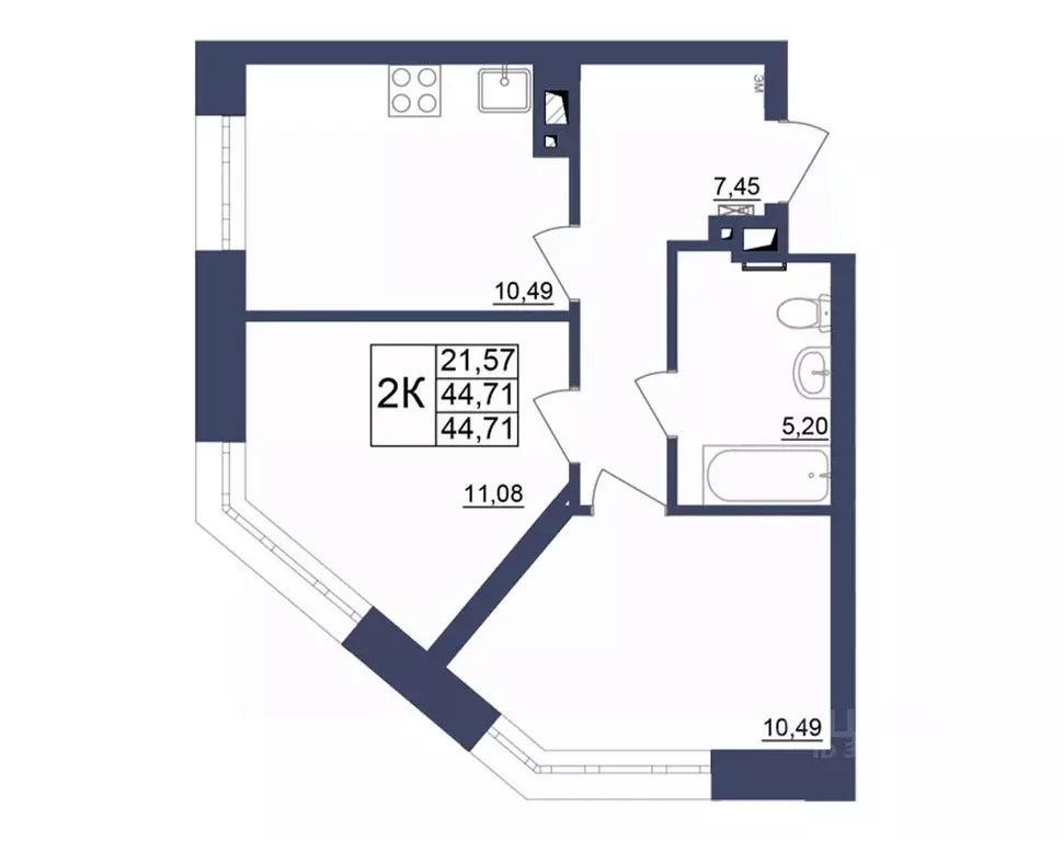 2-к кв. Башкортостан, Уфа Космос жилой комплекс, лит1 (44.46 м) - Фото 1