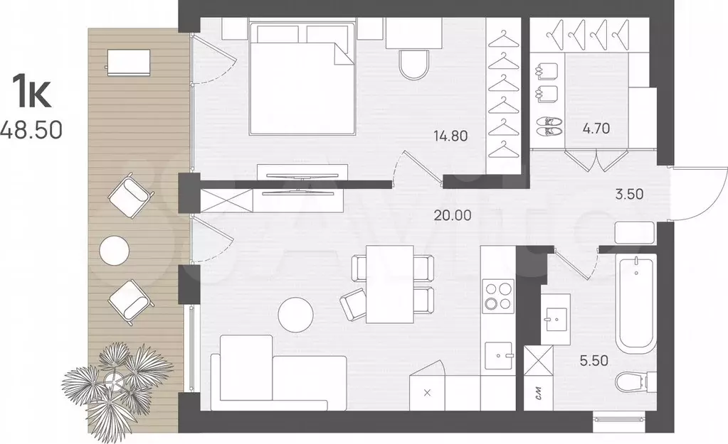 1-к. квартира, 48,5 м, 1/4 эт. - Фото 1
