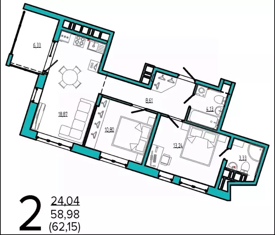 2-к кв. Брянская область, Брянск Бежицкая ул., 21Б (62.15 м) - Фото 1