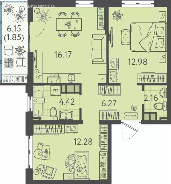2-комнатная квартира: Краснодар, улица имени Б.С. Кудухова, 1 (53.5 м) - Фото 0
