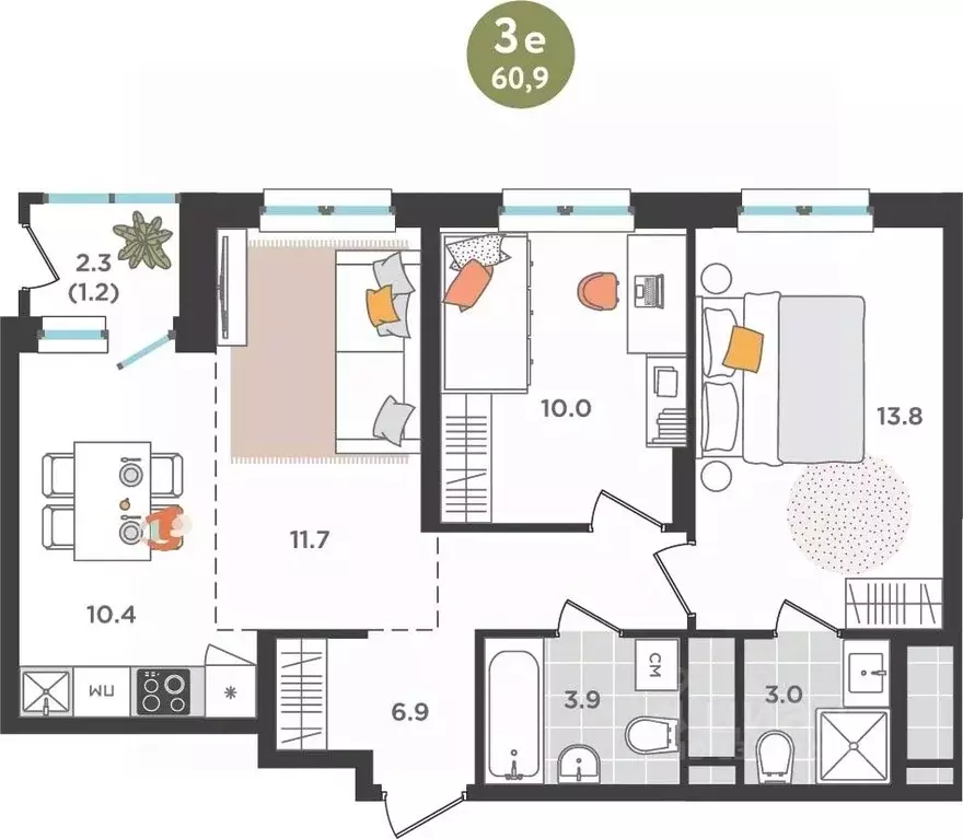 3-к кв. Пермский край, Пермь ул. Куфонина, 1 (60.9 м) - Фото 1