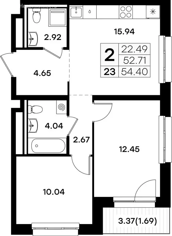 2-комнатная квартира: Казань, Кировский район (54.4 м) - Фото 0