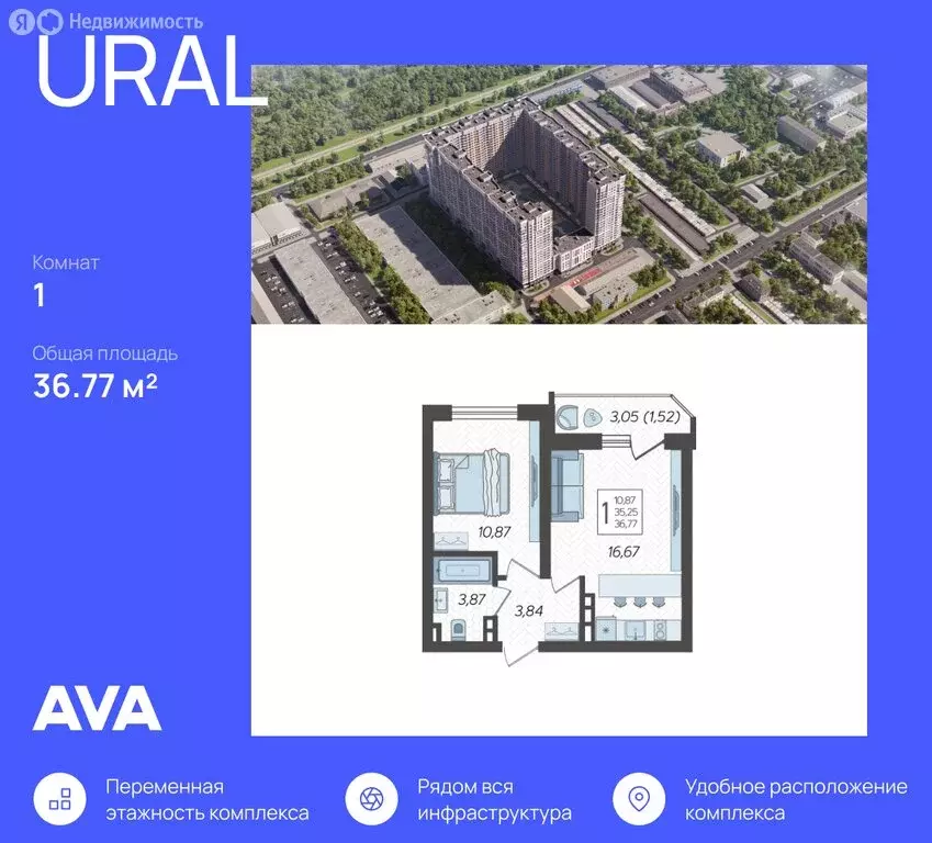 1-комнатная квартира: Краснодар, Уральская улица, 87/7 (36.77 м) - Фото 0