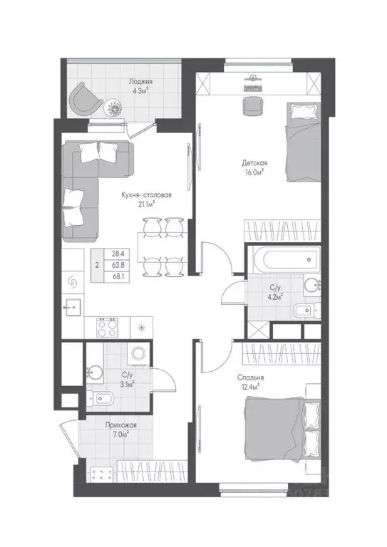 2-к кв. Тверская область, Тверь Лесная Мелодия-3 жилой комплекс (65.95 ... - Фото 1