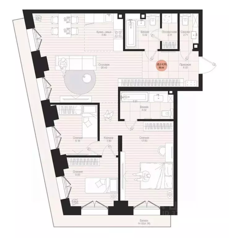 3-к кв. Татарстан, Казань Яналиф жилой комплекс (99.44 м) - Фото 2