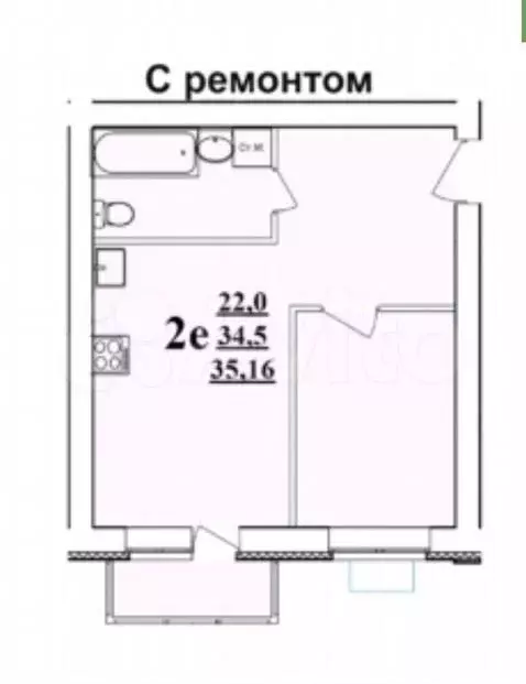 1-к. квартира, 34,5м, 2/3эт. - Фото 1