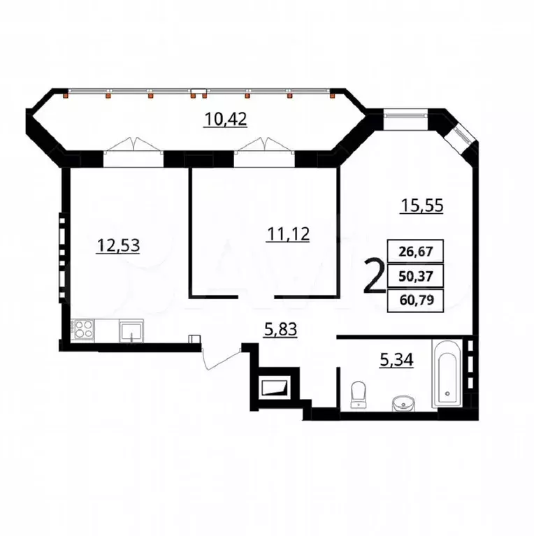 2-к. квартира, 60,8 м, 5/7 эт. - Фото 1