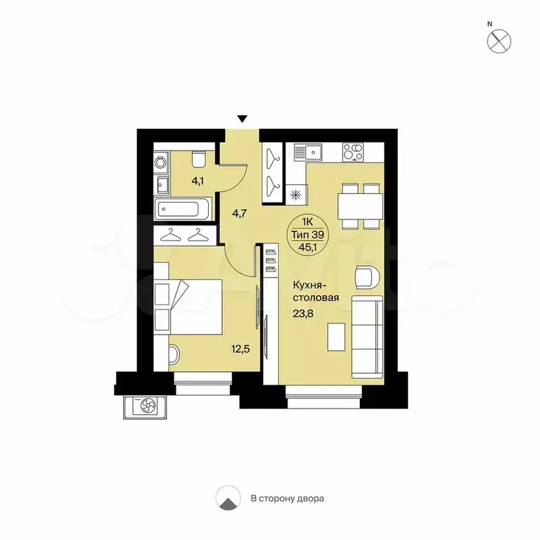 1-к. квартира, 45 м, 2/9 эт. - Фото 0