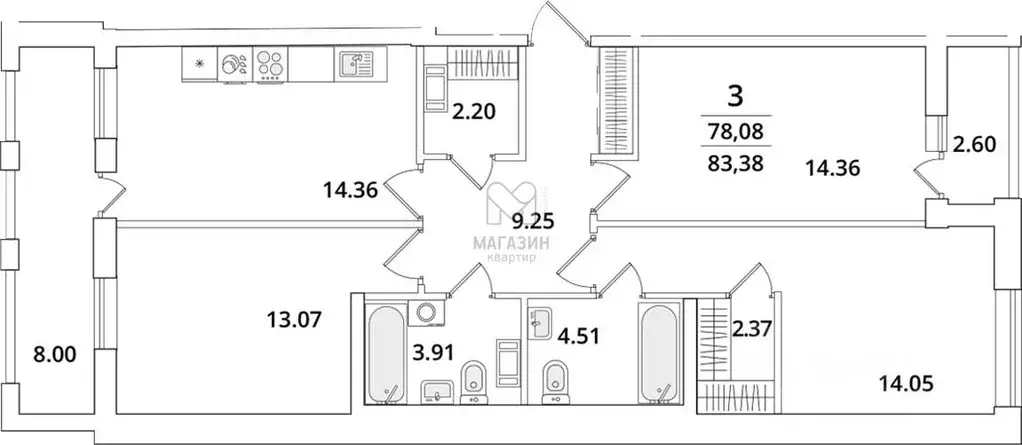 3-к кв. Санкт-Петербург Предпортовая тер.,  (84.7 м) - Фото 1