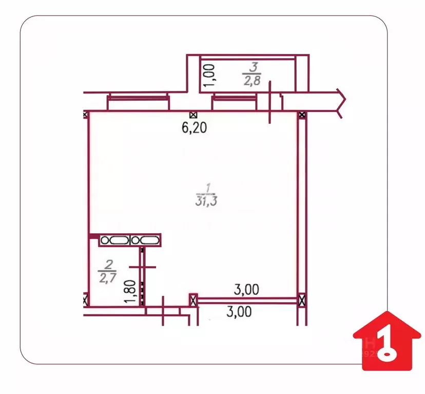 Студия Омская область, Омск ул. 1-ой Красной Звезды, 65 (34.0 м) - Фото 2