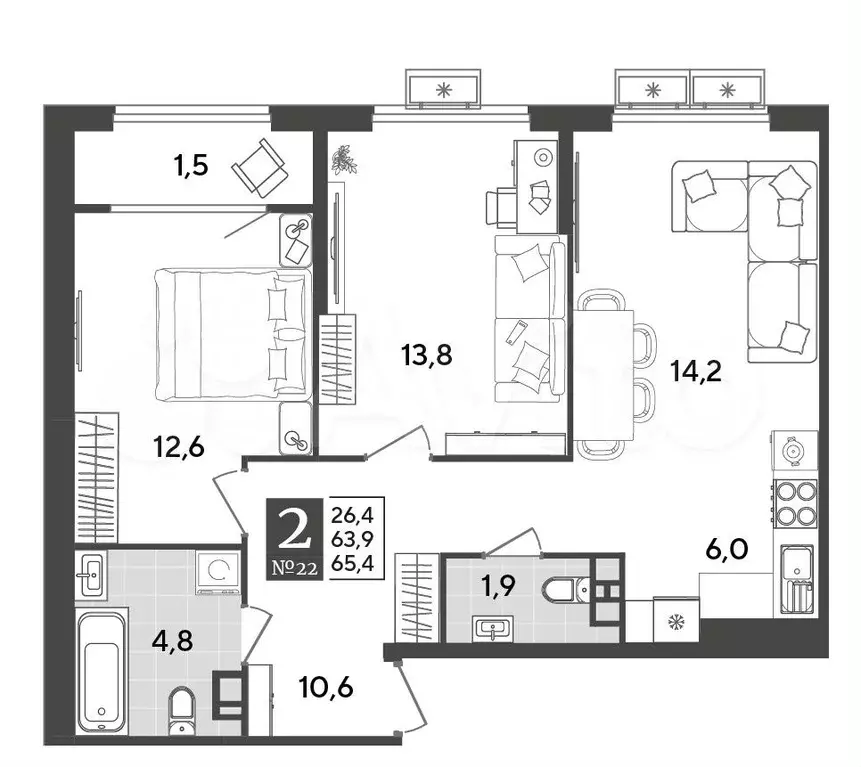 2-к. квартира, 65,4 м, 6/9 эт. - Фото 1