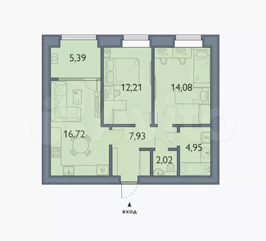 2-к. квартира, 63,3 м, 5/8 эт. - Фото 1